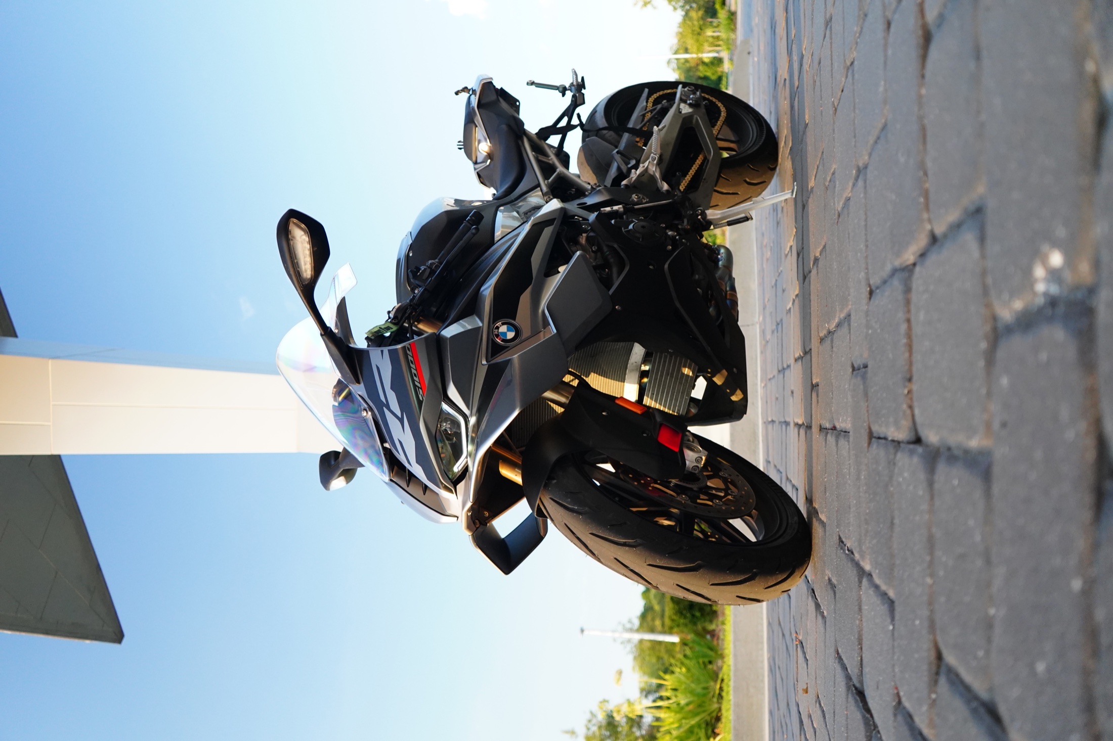 BMW sport motorcycle photographed from a low angle